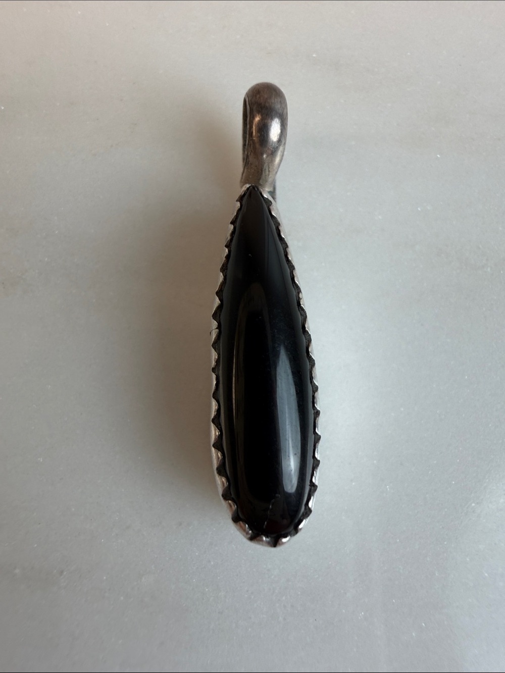 Vintage Sterling Navajo Signed CB Black Onyx Teardrop Pendant